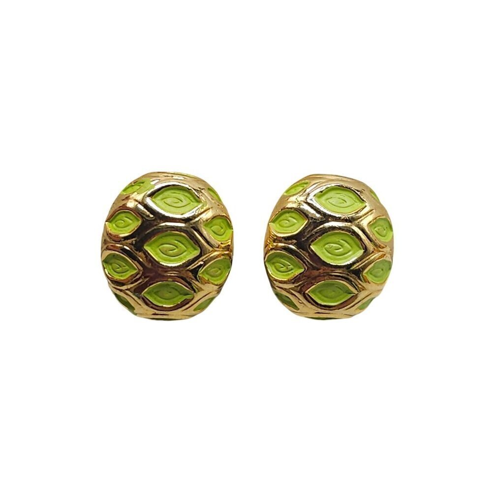 Vintage Gold Tone Green Enamel Honey Comb Clip On Earrings
